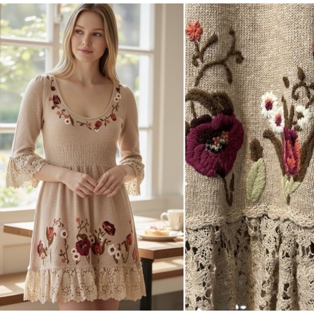 Moth Anthropologie Village Pass Tunic Floral Mini Sweater Dress Small Women's